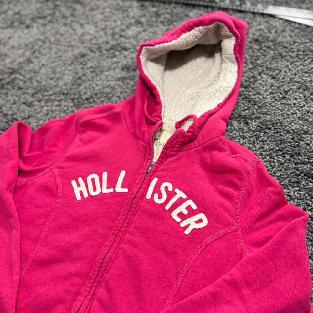Classic Hollister Zip Up Hoodie Womens Pink Excellent Sherpa Lined Logo Large